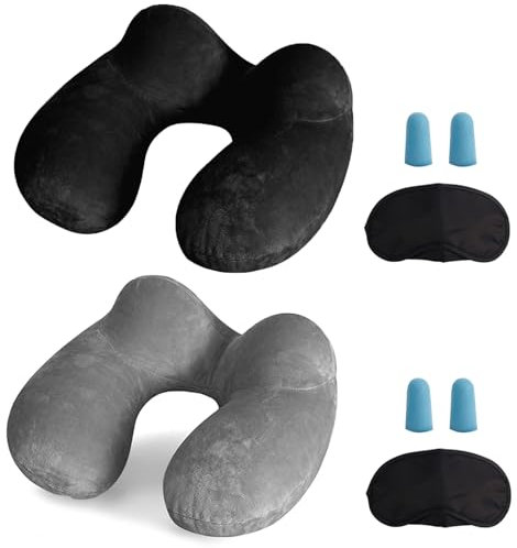 LUZWAY Inflatable Travel Pillow Neck Pillow Kits Ergonomic Soft Velvet Washable Pillowcase with Ear Plug and Eye Mask, Lightweight Sleeping Rest Cushion for Airplane, Car, and Train（2 pack）