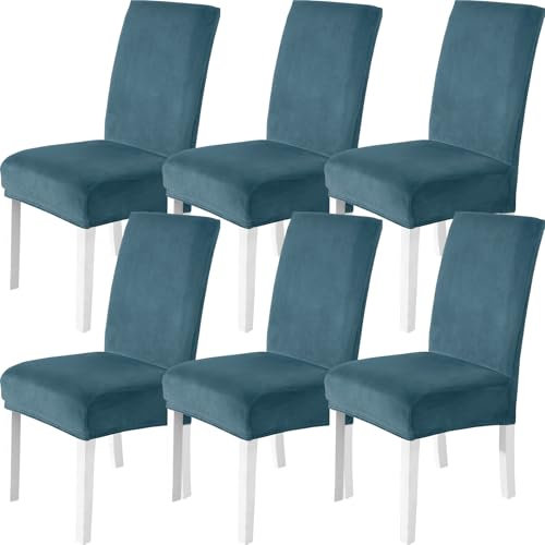 CYCMACO Stuhlhussen Samt 6er Set, Stretch Stuhlüberzieher, Stuhlbezug Schwingstuhl, Hussen Für Stühle Hochlehner, Stuhlbezüge Kratzfest, Universal Chair Cover Waschbarer, Pfau Blau