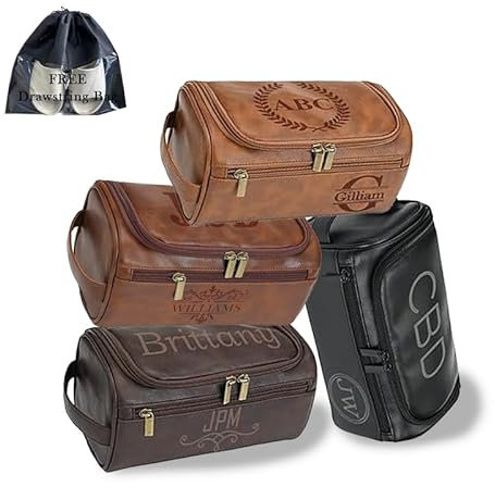 Trousse de Toilette en Cuir personnalisée pour Hommes, kit Dopp Cadeaux personnalisés avec Crochet, Sac de Voyage Monogramme de nom gravé au Laser avec poignée latérale (Style 1)