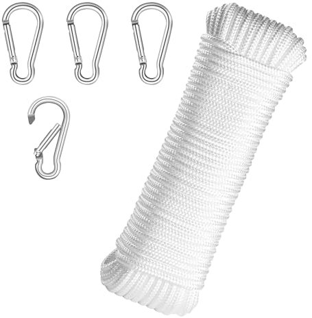 20M Cuerda Trenzada Nylon,4 Ganchos para Mosquetón,Cordón de Cuerda de Algodón Cuerda Multiusos,Cuerda Trenzada Grueso para Atar Nudos para Manualidades,Colgando,Jardín,Cuerda de Camping (Blanco)