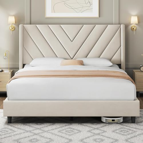Yaheetech Queensize-Bettgestell, gepolstertes Plattformbett mit Flügelseite/Holzlattenstütze/getuftetes Kopfteil mit Flügelseite/Matratzenfundament/kein Boxspringbett erforderlich, Beige Queen-Bett
