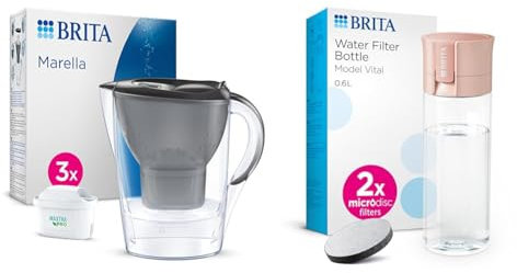BRITA Marella Water Filter Jug Graphite (2.4L) Starter Pack incl. 3x MAXTRA PRO All-in-1 cartridge & Water Filter Bottle Apricot (600ml) - portable water filtration bottle for hydration