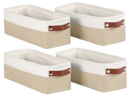Univivi 4PC Long Narrow Storage Baskets, Small Fabric Storage Bins with PU Handles for Closet,Cabinet,Countertop Organizing Small Items(Khaki-15x6x5 inch)