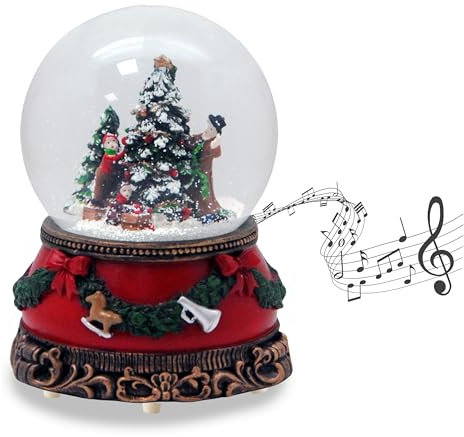 Schneekugel Christbaum schmücken | Sockel Weihnachten rot Tannengirlande | mit Spieluhr | Schüttelkugel Weihnachtsdekoration | B: 10 cm H: 14 cm | 20272