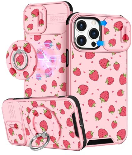 VincitoreModa for iPhone 14 Pro Case Women - [2in1] Cute Girls Strawberry Compatible with MagSafe Ring Stand Girly Slide Camera Cover Design for Apple for iPhone 14 Pro Phone Case 6.1