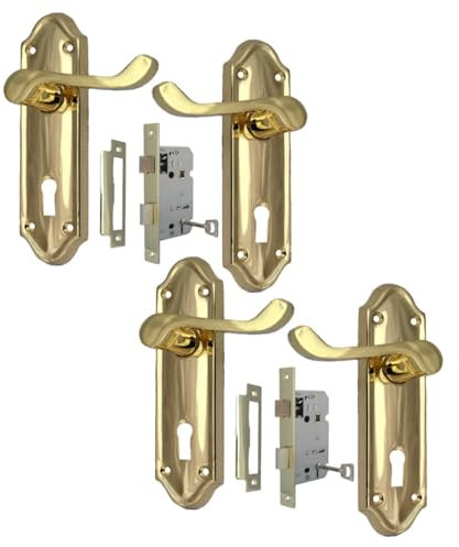 Epsom Door Handle Victorian Style Brass Plated Internal Lock Door Handle Sets – Lever on Backplate – Includes 3 Lever Mortice Sash Lock – 2 Pairs