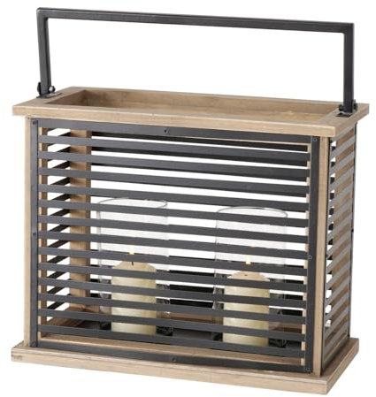 Farol portavelas de metal y madera con inserto de cristal