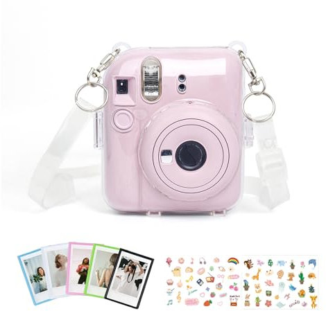 Aisnyho Clear Case Compatible with Fujifilm Instax Mini 12 Instant Camera with Mini Magnetic Photo Frames and Cute Stickers (Case+Frames+Cute Sticker)