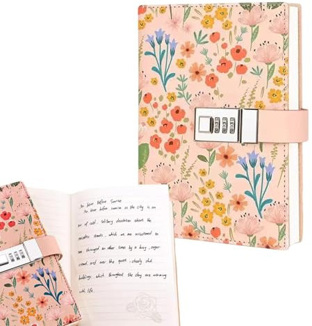 Tagebuch mit Schloss, verschlossenes Rosa Blumen Tagebuch für Frauen und Mädchen, nachfüllbares wasserdichtes PU-Leder-Tagebuch mit liniertem Papier, stilvolles silbernes Tagebuch mit Verschluss