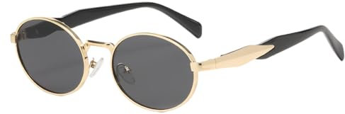 JCTAIFOO Vintage Ovale Sonnenbrille Retro Stilvolle Runde Sonnenbrille für Damen Herren Metallrahmen Brillen Gold/Dunkelgrau