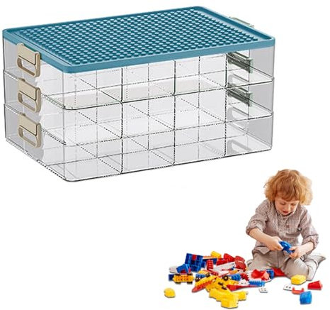 Aufbewahrungsbox mit Deckel für Lego,3 Ebenen Transparente Sortierbox für Lego,Sortierboxen Spielzeug Bausteine Aufbewahrung mit Fächern,Clear Storage Box,Plastik Stapelbar Box mit Griff (Blau)