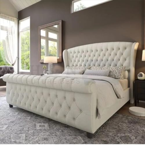 H&N Future Beds | Elegant Wingback Sleigh Bed Frame in Plush Velvet with Storage & Mattress – Available in (Cream Plush without Mattress, 4FT6 Double with Gaslift)