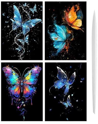 BARRU 4 Stück Kratzbilder Set DIY - Magic Rainbow Kratzpapier mit Nachtleuchtenden Motiven Inkl Kratzwerkzeuge - Perfektes Geschenk für Weihnachten Geburtstage (Schmetterling)