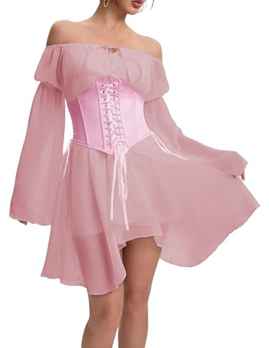 FDKLOOK Womens Pink Corset Bustier Dress Two Piece Set Off Shoulder Bell Sleeve Lace Up Party Fancy Fairy Dress M