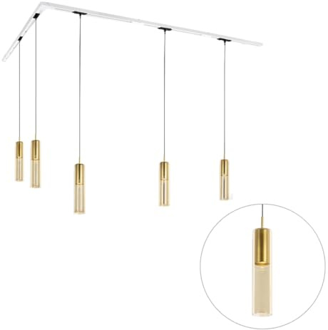 QAZQA - Modern Modernes Schienensystem Komplettset I Spotlight I Deckenspot I Deckenstrahler I Strahler mit 5-flammig Gold I Messingenen Pendelleuchte I Pendellampe I Hängelampe I Pendellampe I Pendel