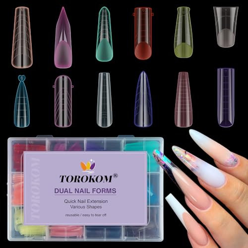 TOROKOM Dual Nail Forms 288PCS 12 Colors Extension Molds Stiletto Coffin Square Acrylic Nail Tips 12 Shapes for Builder Gel Manicure Nail Art Design Salon & DIY