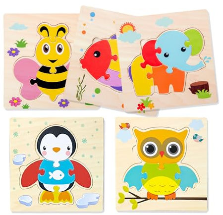 5 Pcs Wooden Jigsaw Puzzle Animals, Educational Learning Toy for Toddlers Age 1-3, Birthday Gift for Boys and Girls, Safe Chunky Puzzles for Kids