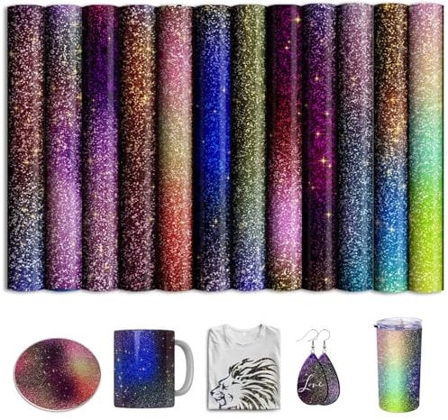 Glitter Infusible Transfer Ink Sheets for Cricut Heat Press Machine,Ombre Sublimation Paper for Blanks Mug Tumbler T-Shirt Tote Bag,12 Sheets 12x10inch