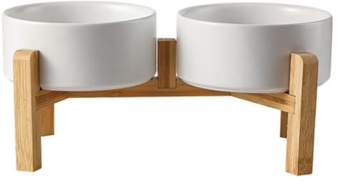 Cnwinu Elevated Dog Bowls Set,Raised Dog Bowls with Wooden Stand,Ceramic Cat Bowls for Small and Medium Dogs & Cats,Dog Feeding Station for Eating Food & Drinking Water,2 x 850 ML(White)