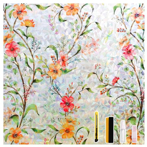 Conkov Fensterfolie Blickdicht Selbsthaftend, Bunt Sichtschutzfolie | Blume 60 x 200cm Regenbogen Statisch Haftend Folie Fenster Anti-UV Sonnenschutzfolie für Wohnzimmer Küche