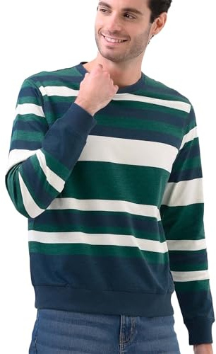 Enorsia Men’s Stripe Crew Neck Sweatshirt – Premium Cotton Terry Pullover Regular Fit Jumper – Soft Breathable Casual Layering Men’s Sweatshirt for Everyday Comfort - Green, Size Large UK