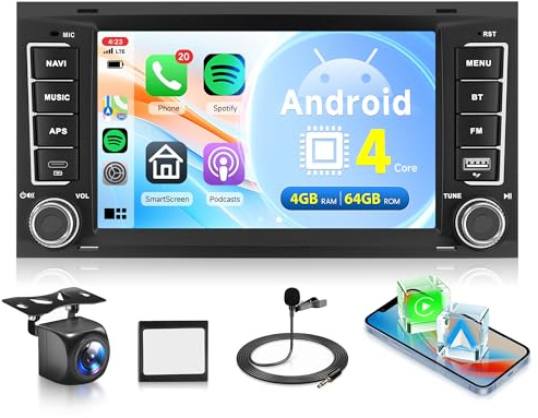 4G+64G Wireless Carplay Android Radio de Coche para VW Touareg 2004-2011 VW Transporter T5 Multivan 2004-2009 7 Pulgadas Radio Coche Android Auto Navi GPS WiFi Bluetooth FM/RDS/32EQ/SWC Cámara Trasera