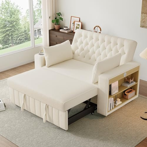 Merax Schlafsofa 2-Sitzer Sofa mit Schlaffunktion, Modernes Klappsofa 3-in-1 Schlafcouch mit Verstellbarer Rückenlehne, USB-Ladeanschluss, Seitliche Ablage und Getränkehalter, Chenille, Beige