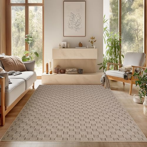 SIMPEX Teppich 160x230 cm Beige Karo Design Bouclé Schlingenflor Skandi Stil Modern Superweich Robust Pflegeleicht für Wohnzimmer Sofabereich Esszimmer Schlafzimmer Küche