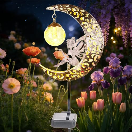 RNPKZ Mond Solarleuchten Garten Deko, Elfe/Blumenfee Wasserdichte Solarleuchte, Mondfee Solar Licht, Metall Mond Gartenleuchte LED Glaskugel, Freien Solarlampe für AußEn, für Terrasse, Balkon, Rasen