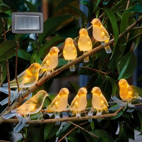 WRQIOO Vogel Solarleuchten Außen Garten, 10 Vögel Solar Lichterkette Garten mit Clip, 4.7m Länge, für Hof, Hochzeit, Rasen, Zäune, Warmweiß