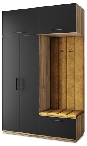 Masseno Flugarderoben Set Rema, Kleiderschrank-Set mit Sitzbank, Garderobenschrank Flur mit 5 Regalböden, Eiche Wotan/Schwarz