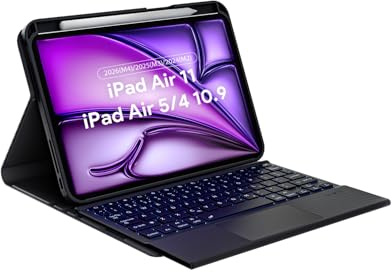 Doohoeek Bluetooth Tastatur Hülle für iPad Air 11 Zoll & Air 4./5. Gen 10,9 | Kabellose beleuchtete Tastatur mit Trackpad. QWERTZ Folio-Schutzhülle für iPad Air 2026(M4)/2025(M3)/2024(M2)