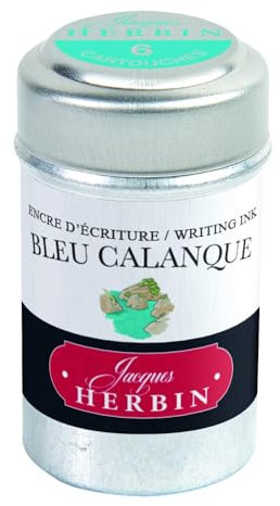 Jacques Herbin - Ref 20114T - Universal Writing Snap-In Ink Cartridges - Blue Calanque / Creek Blue - Cylindrical Metal Pot of 6 Cartridges - Blue-Coloured Ink