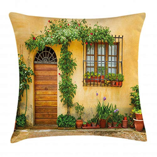 ABAKUHAUS Italien Kissenbezug, Leben in der Stadt in der Toskana, Wasser und Schmutz resistent Waschbar Beidseitiger Druck mit Reißverschluß, 50 x 50 cm, Grün braun Aprikose