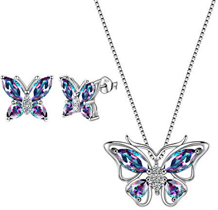 Aurora Tears 925 Sterling Silber Schmetterling Halskette Ohrringe Mystic Rainbow Topaz Anhänger Ohrstecker Schmuck Set für Frauen DS0035M