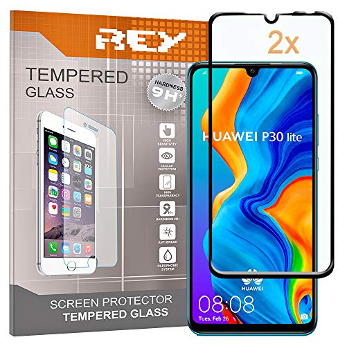 REY 2X Protector de Pantalla 3D para Huawei P30 Lite - Huawei P30 Lite New Edition, Negro, Protección Completa, 3D / 4D / 5D