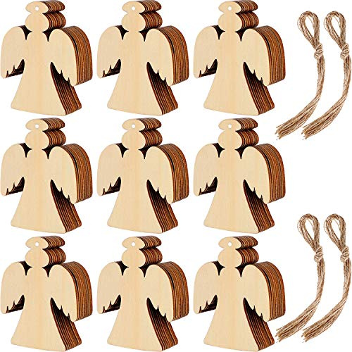 Blulu 60 Stück Weihnachten Holz Engel Ornamente | Mit Schnüren zum Aufhängen, Für Weihnachtsbaum, Für Neujahr Dekoration, Holz Anhänger Set