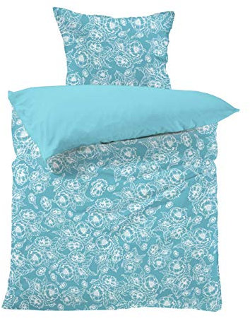 Lavea Bettwäsche Set - Dahlia 135 x 200cm + 80 x 80cm. Design: Blumen - Farbe: Weiß/Blaugrün 100% Baumwolle. Hochwertig mit Reißverschluss.