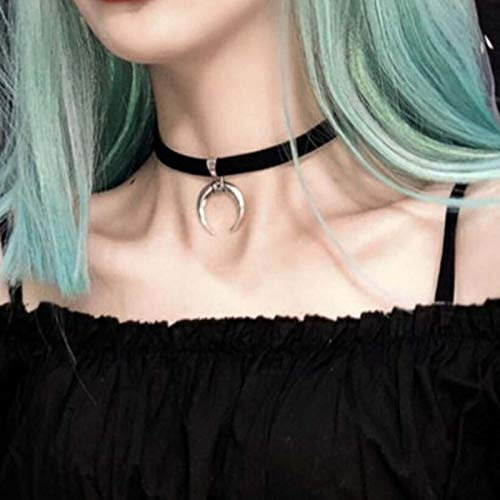 TseenYi Halskette/Choker aus schwarzem Samt, Gothik, mit silberfarbenem Halbmondanhänger, Retro-Look, anpassbare Tattoo-Halskette, Schmuck für Damen und Mädchen