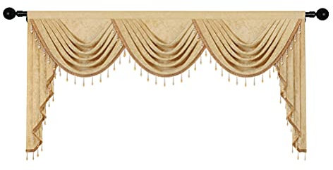 ELKCA Dicke Chenille-Vorhänge für Wohnzimmer, luxuriöser Goldener Querbehang mit Perlen für Schlafzimmer, Stangendurchzug (240 cm, 1 Panel)