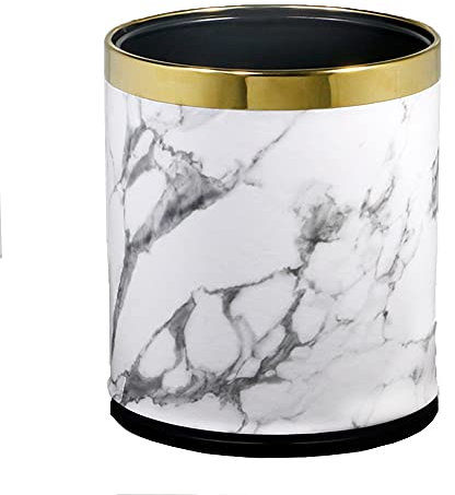 Poubelle de luxe en métal de 10 L, avec couvercle ouvert, double couche, sur pied avec revêtement en simili cuir, poubelle à poussière pour cuisine, salle de bain, hôtel, bureau (marbre blanc)