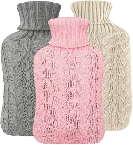 3 Pack 2L Hot Water Bottle with Cover UK - Natural Rubber 2 Litre Hot Water Bottle - Perfect Hot Water Bag for Pain Relief, Hand Feet Warmer & Cold Compress (Cream Bottles x1 Cream, Grey Pink Cover)