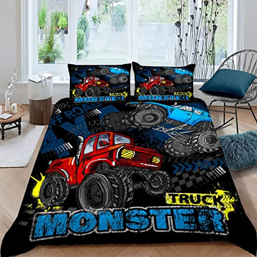 BUMIYA Truck Bettwäsche 135×200 Weiche Mikrofaser 3D Druck Cooler Monster Truck Bettbezug mit Reißverschluss Für Kinder Zimmer Dekor Winter Herbst 3 Teilig Bettwäsche Set mit 2 Kissenbezüge 80×80 cm