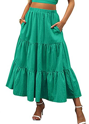 Women's Vintage Elastic Waist A-Line Long Midi Skirt Solid Color Pleated Big Hem Basic Flared Long Skirts (Green#1, L)