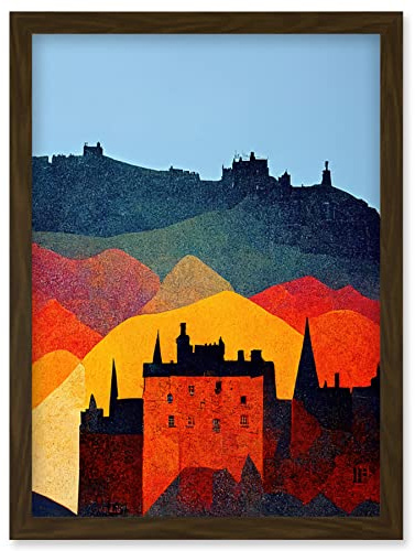 Wee Blue Coo Edinburgh in Autumn Scotland Scottish Modern Folk Art Multi Coloured Cityscape Artwork Framed Wall Art Print A4