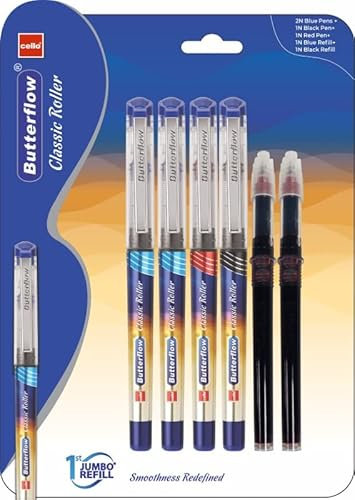 Cello Butterflow Tintenroller, 2 blaue, 1 schwarze und 1 rote Kugelschreiber, inklusive Ersatzminen, Tintenroller-Set für Schüler, Tintenroller-Set, 4 Stück