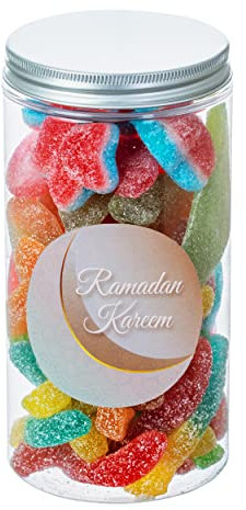 Fizzy Fruchtgummi Geschenkbox 450g | Ramadan Sticker Wählbar | Kindergeshenke | Süßigkeiten (Ramadan-Kareem Sticker - Mond Version Deutsch)