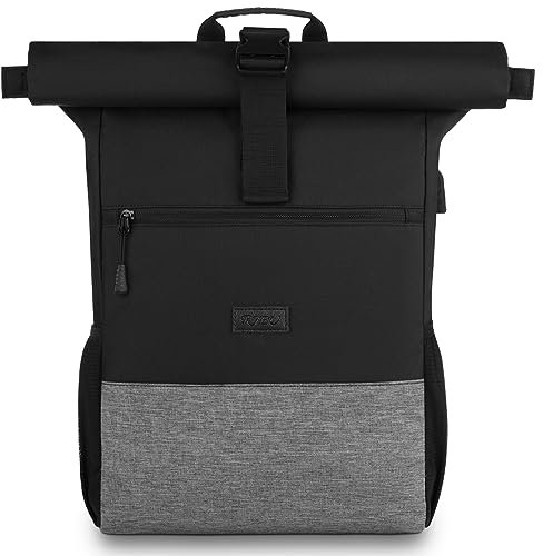 RJEU Laptop Rucksack für 17 Zoll,Rolltop Rucksack Herren Damen,Laptoptasche für Schule,Studium,Reisen,Schulrucksack(SchwarzGrau-26L)