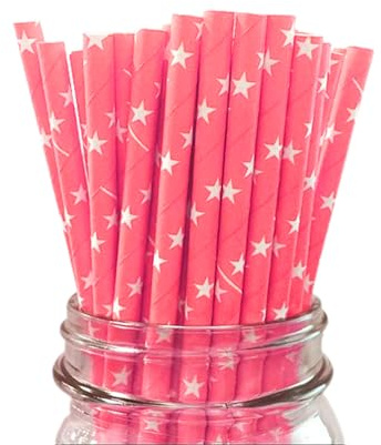 LUMOUS ROLA Paper Straws, Drinking Straws Assorted Bio Degradable Drinking Paper Straws Wedding Party, Party Straws, Restaurant, Juice Drinking Straws (25X Pink with Stars)