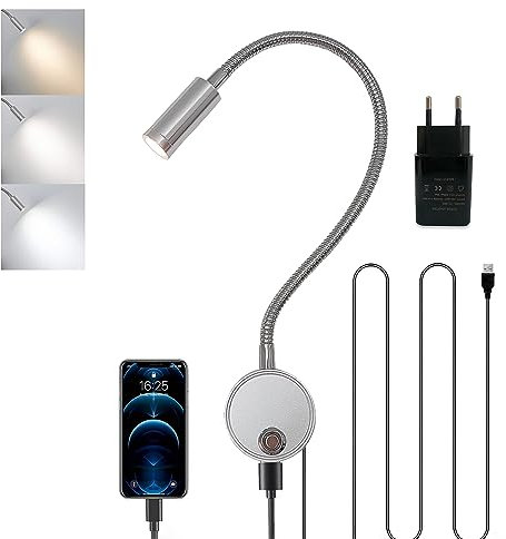 Lampe de Lecture Dimmable Tactile, Lumière Liseuse Murale Intérieur LED avec Interrupteur et Port de Chargement USB 360°Lampe Lit à Col de Cygne Flexible Applique Chevet Chambre avec Adaptateur EU